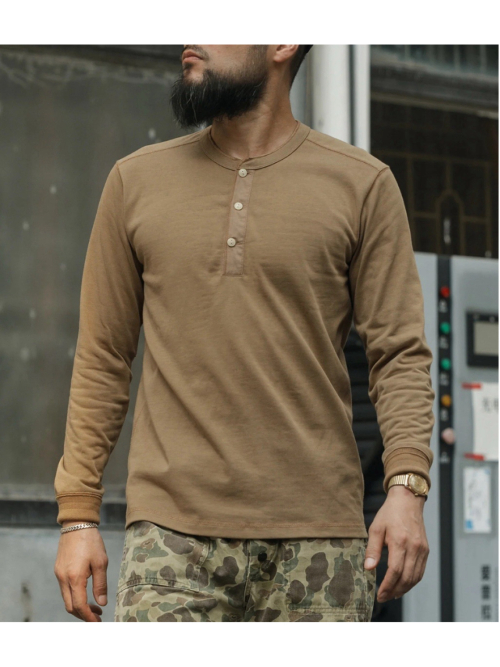 100% Cotton 14 oz Side Closing Henley Shirt Khaki Bronson Mfg Co Long Sleeve S